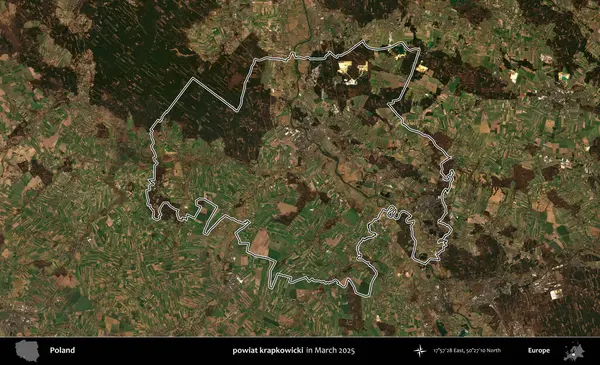 powiat krapkowicki. Polonya 'nın idari bölgesinin ana hatları, Mart 2025' te çekilen Kopernik Nöbetçi karolarından oluşan bir uydu görüntüsü üzerine çizildi.