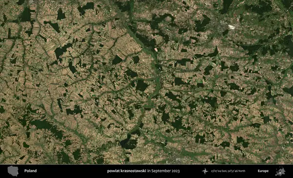 powiat krasnostawski. Eylül 2023 'te Copernicus Sentinel karolarından oluşan uydu görüntüsü üzerine Polonya' nın idari bölgesi