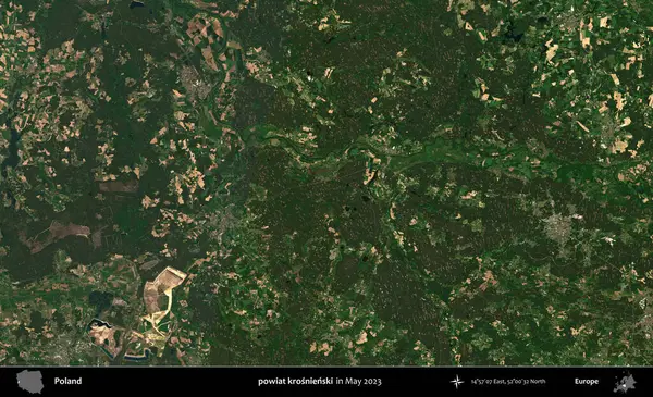 powiat krosnienski. Copernicus Sentinel 'in Mayıs 2023' te çekilmiş uydu görüntüsü üzerine Polonya 'nın idari bölgesi.