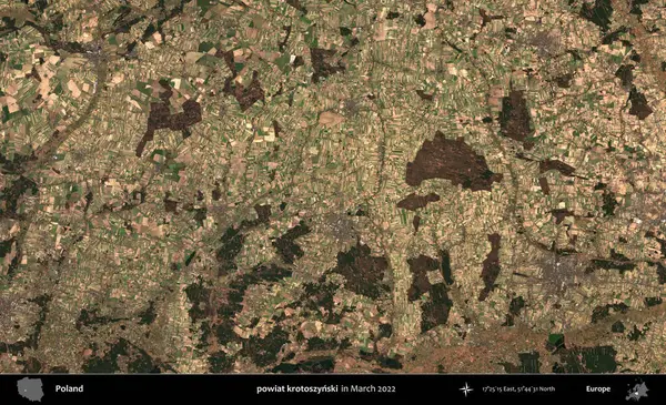 powiat krotoszynski. Copernicus Sentinel 'in Mart 2022' de çekilmiş uydu görüntüsü üzerine Polonya 'nın idari bölgesi.