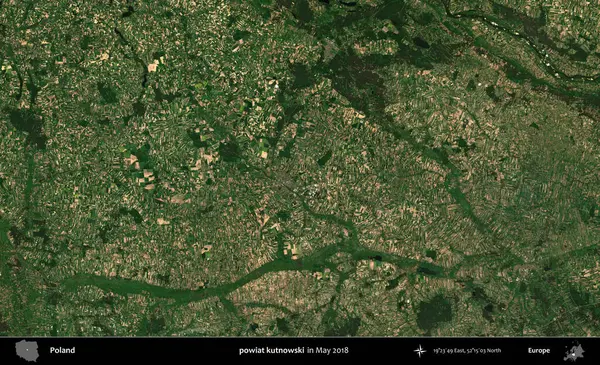 powiat kutnowski. Copernicus Sentinel 'in Mayıs 2018' de çekilmiş uydu görüntüsü üzerine Polonya 'nın idari bölgesi.
