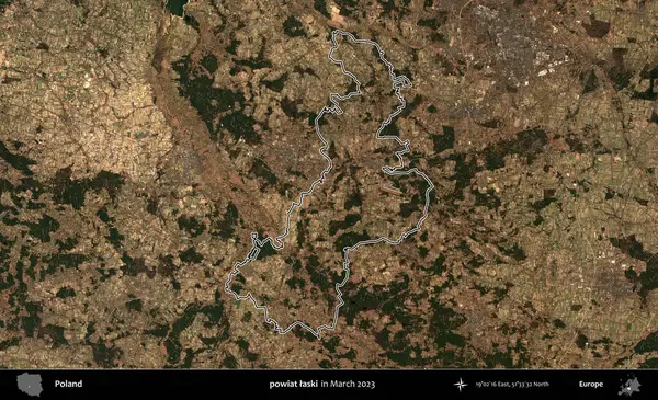 powiat laski. Polonya 'nın idari bölgesinin ana hatları, Mart 2023' te çekilen Kopernik Nöbetçi karolarından oluşan bir uydu görüntüsü üzerine çizildi.