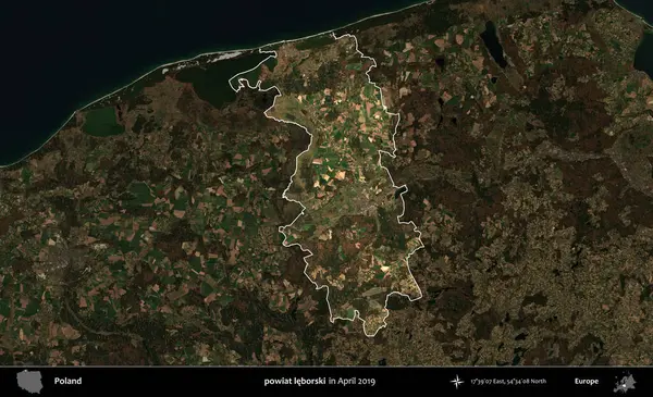 powiat leborski. Polonya 'nın idari alanı, Nisan 2019' da çekilen Kopernik Nöbetçi karolarından oluşan koyu renkli bir uydu görüntüsü üzerine vurgulandı ve özetlendi.