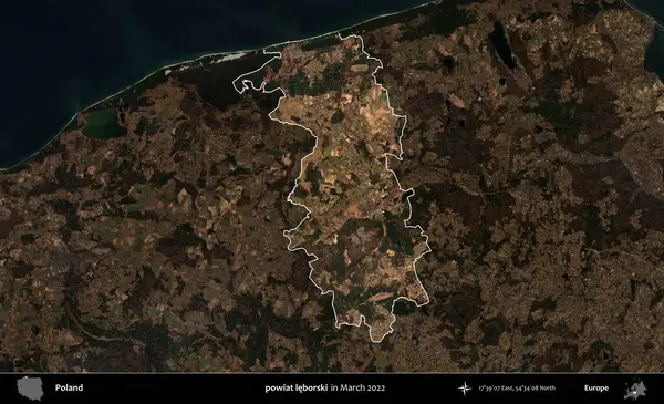 powiat leborski. Polonya 'nın idari alanı, Mart 2022' de çekilen Kopernik Nöbetçi karolarından oluşan koyu renkli bir uydu görüntüsü üzerine vurgulandı ve özetlendi.