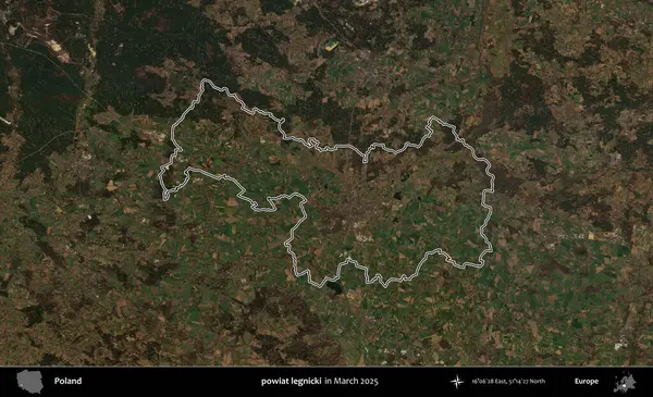 powiat legnicki. Polonya 'nın idari bölgesinin ana hatları, Mart 2025' te çekilen Kopernik Nöbetçi karolarından oluşan bir uydu görüntüsü üzerine çizildi.