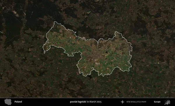 powiat legnicki. Polonya 'nın idari alanı, Mart 2025' te çekilen Kopernik Nöbetçi karolarından oluşan koyu renkli bir uydu görüntüsü üzerine vurgulandı ve özetlendi