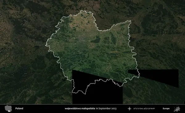 wojewodz2 malopolskie. Polonya 'nın idari alanı, Eylül 2023' te çekilen Kopernik Nöbetçi karolarından oluşan koyu renkli bir uydu görüntüsü üzerine vurgulandı ve özetlendi.