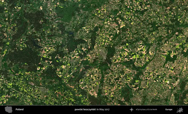 powiat leszczynski. Copernicus Sentinel 'in Mayıs 2017' de çekilmiş uydu görüntüsü üzerine Polonya 'nın idari bölgesi.