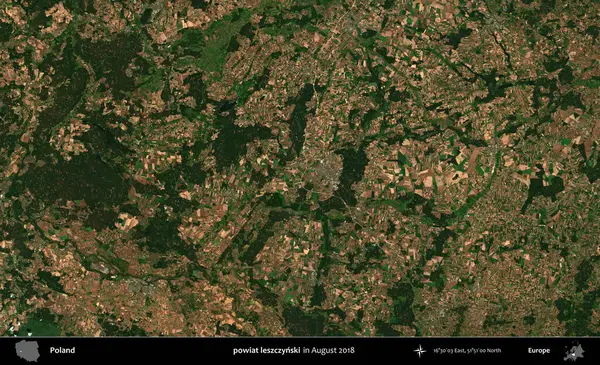 powiat leszczynski. Copernicus Sentinel 'in Ağustos 2018' de çekilmiş uydu görüntüsü üzerine Polonya 'nın idari bölgesi