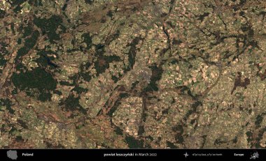 powiat leszczynski. Copernicus Sentinel 'in Mart 2022' de çekilmiş uydu görüntüsü üzerine Polonya 'nın idari bölgesi.