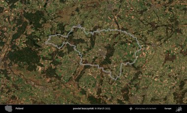 powiat leszczynski. Polonya 'nın idari bölgesinin ana hatları, Mart 2025' te çekilen Kopernik Nöbetçi karolarından oluşan bir uydu görüntüsü üzerine çizildi.
