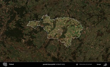 powiat leszczynski. Polonya 'nın idari alanı, Mart 2025' te çekilen Kopernik Nöbetçi karolarından oluşan koyu renkli bir uydu görüntüsü üzerine vurgulandı ve özetlendi