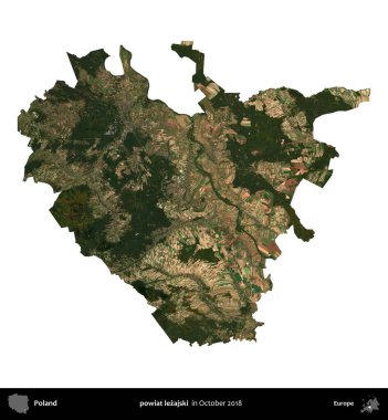 powiat lezajski. Polonya idari bölgesi, Ekim 2018 'de çekilen Kopernik Nöbetçi karolarından oluşan bir uydu görüntüsü üzerinde beyaza izole edildi.