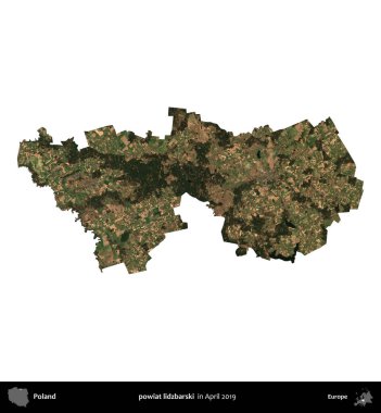 powiat lidzbarski. Polonya idari bölgesi, Nisan 2019 'da çekilen Kopernik Nöbetçi karolarından oluşan bir uydu görüntüsü üzerinde beyaza izole edildi.