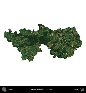 powiat lidzbarski. Polonya idari bölgesi, Haziran 2021 'de çekilen Kopernik Nöbetçi karolarından oluşan bir uydu görüntüsü üzerinde beyaza izole edildi.