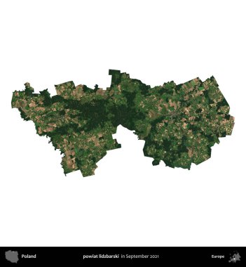 powiat lidzbarski. Polonya idari bölgesi, Eylül 2021 'de çekilen Kopernik Nöbetçi karolarından oluşan bir uydu görüntüsü üzerinde beyaza izole edildi.