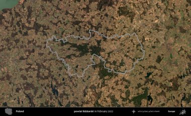 powiat lidzbarski. Polonya 'nın idari bölgesinin ana hatlarını, Şubat 2022' de çekilen Kopernik Nöbetçi karolarından oluşan bir uydu görüntüsü oluşturdu.