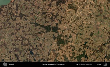 powiat lidzbarski. Polonya 'nın idari bölgesi, Şubat 2022' de çekilen Kopernik Sentinel karolarından oluşan bir uydu görüntüsü üzerine kurulmuştur.