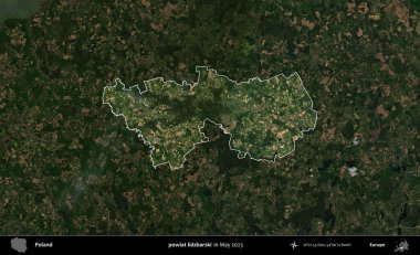 powiat lidzbarski. Polonya 'nın idari alanı, Mayıs 2023' te çekilen Kopernik Nöbetçi karolarından oluşan koyu renkli bir uydu görüntüsü üzerinde vurgulandı ve özetlendi.