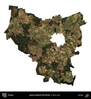 gmina Lidzbark Warminski. Polonya idari bölgesi, Nisan 2019 'da çekilen Kopernik Nöbetçi karolarından oluşan bir uydu görüntüsü üzerinde beyaza izole edildi.