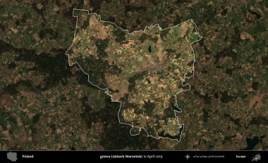 gmina Lidzbark Warminski. Polonya 'nın idari alanı, Nisan 2019' da çekilen Kopernik Nöbetçi karolarından oluşan koyu renkli bir uydu görüntüsü üzerine vurgulandı ve özetlendi.