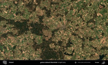 gmina Lidzbark Warminski. Nisan 2019 'da çekilen Kopernik Sentinel karolarından oluşan bir uydu görüntüsü üzerine Polonya' nın idari bölgesi