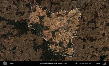 gmina Lidzbark Warminski. Polonya 'nın idari alanı, Mart 2022' de çekilen Kopernik Nöbetçi karolarından oluşan koyu renkli bir uydu görüntüsü üzerine vurgulandı ve özetlendi.