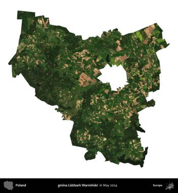 gmina Lidzbark Warminski. Polonya 'nın idari bölgesi, Mayıs 2024' te çekilen Kopernik Nöbetçi Fayanslarından oluşan bir uydu görüntüsü üzerinde beyaza izole edildi.