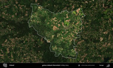 gmina Lidzbark Warminski. Polonya 'nın idari alanı, Mayıs 2024' te çekilen Kopernik Nöbetçi karolarından oluşan koyu renkli bir uydu görüntüsü üzerinde vurgulandı ve özetlendi.