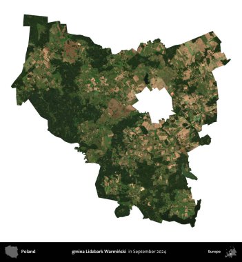 gmina Lidzbark Warminski. Polonya idari bölgesi, Eylül 2024 'te çekilen Kopernik Nöbetçi karolarından oluşan bir uydu görüntüsü üzerinde beyaza izole edildi.
