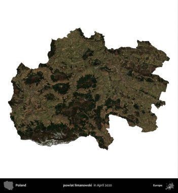 powiat limanowski. Polonya idari bölgesi, Nisan 2020 'de çekilen Kopernik Nöbetçi karolarından oluşan bir uydu görüntüsü üzerinde beyaza izole edildi.