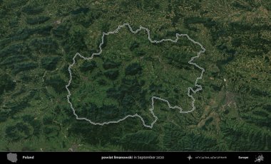 powiat limanowski. Eylül 2020 'de çekilen Kopernik Nöbetçi karolarından oluşan bir uydu görüntüsü üzerine Polonya' nın idari bölgesinin ana hatlarını çizdim.