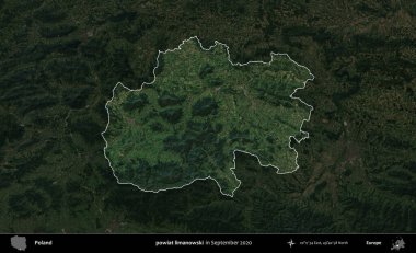 powiat limanowski. Polonya 'nın idari alanı, Eylül 2020' de çekilen Kopernik Nöbetçi karolarından oluşan koyu renkli bir uydu görüntüsü üzerine vurgulandı ve özetlendi