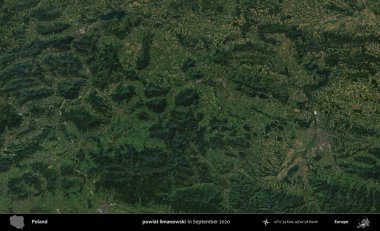 powiat limanowski. Eylül 2020 'de Copernicus Sentinel karolarından oluşan bir uydu görüntüsü üzerine Polonya' nın idari bölgesi