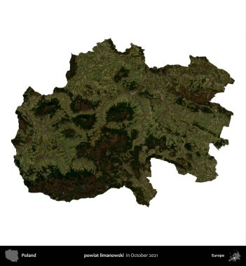 powiat limanowski. Polonya idari bölgesi, Ekim 2021 'de çekilen Kopernik Nöbetçi karolarından oluşan bir uydu görüntüsü üzerinde beyaza izole edildi.