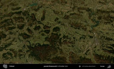 powiat limanowski. Polonya 'nın idari bölgesi, Ekim 2021' de çekilen Kopernik Sentinel karolarından oluşan bir uydu görüntüsü üzerine kurulmuştur.