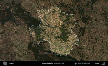 powiat lipnowski. Polonya 'nın idari alanı, Ekim 2018' de çekilen Kopernik Nöbetçi karolarından oluşan koyu renkli bir uydu görüntüsü üzerine vurgulandı ve özetlendi