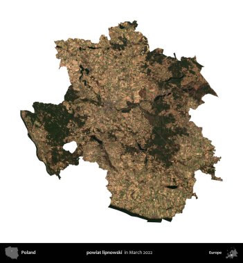 powiat lipnowski. Polonya idari bölgesi, Mart 2022 'de çekilen Kopernik Nöbetçi karolarından oluşan bir uydu görüntüsü üzerinde beyaza izole edildi.