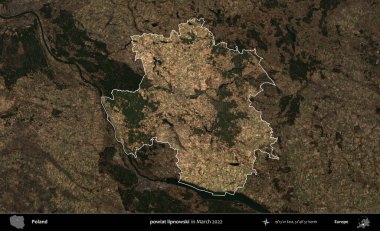 powiat lipnowski. Polonya 'nın idari alanı, Mart 2022' de çekilen Kopernik Nöbetçi karolarından oluşan koyu renkli bir uydu görüntüsü üzerine vurgulandı ve özetlendi.