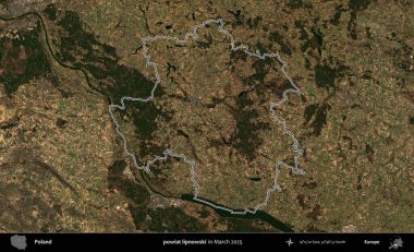 powiat lipnowski. Polonya 'nın idari bölgesinin ana hatları, Mart 2025' te çekilen Kopernik Nöbetçi karolarından oluşan bir uydu görüntüsü üzerine çizildi.