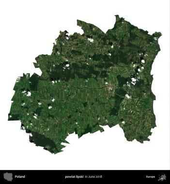 powiat lipski. Polonya idari bölgesi, Haziran 2018 'de çekilen Kopernik Nöbetçi karolarından oluşan bir uydu görüntüsü üzerinde beyaza izole edildi.