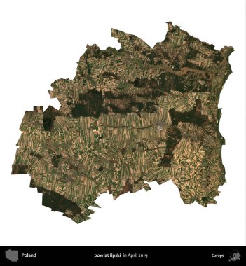 powiat lipski. Polonya idari bölgesi, Nisan 2019 'da çekilen Kopernik Nöbetçi karolarından oluşan bir uydu görüntüsü üzerinde beyaza izole edildi.