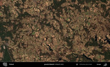 powiat lobeski. Copernicus Sentinel 'in Mart 2022' de çekilmiş uydu görüntüsü üzerine Polonya 'nın idari bölgesi.