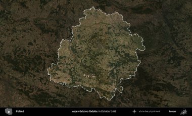 wojewodztwo lodzkie. Polonya 'nın idari alanı, Ekim 2018' de çekilen Kopernik Nöbetçi karolarından oluşan koyu renkli bir uydu görüntüsü üzerine vurgulandı ve özetlendi