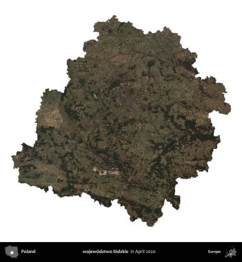 wojewodztwo lodzkie. Polonya idari bölgesi, Nisan 2020 'de çekilen Kopernik Nöbetçi karolarından oluşan bir uydu görüntüsü üzerinde beyaza izole edildi.