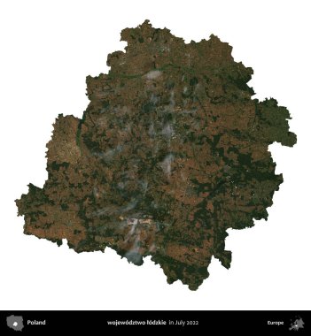 wojewodztwo lodzkie. Polonya idari bölgesi, Temmuz 2022 'de çekilen Kopernik Nöbetçi karolarından oluşan bir uydu görüntüsü üzerinde beyaza izole edildi.