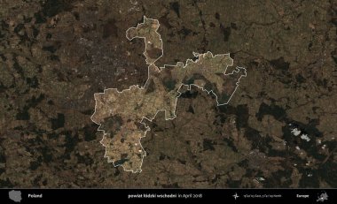 powiat lodzki wschodni. Polonya 'nın idari alanı, Nisan 2018' de çekilen Kopernik Nöbetçi karolarından oluşan koyu renkli bir uydu görüntüsü üzerine vurgulandı ve özetlendi