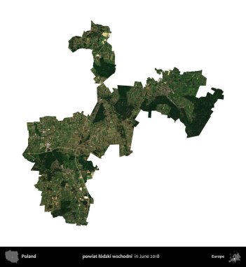 powiat lodzki wschodni. Polonya idari bölgesi, Haziran 2018 'de çekilen Kopernik Nöbetçi karolarından oluşan bir uydu görüntüsü üzerinde beyaza izole edildi.