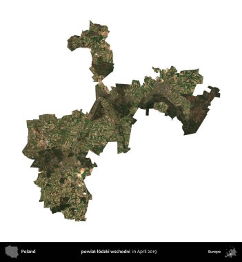 powiat lodzki wschodni. Polonya idari bölgesi, Nisan 2019 'da çekilen Kopernik Nöbetçi karolarından oluşan bir uydu görüntüsü üzerinde beyaza izole edildi.