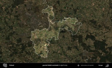 powiat lodzki wschodni. Polonya 'nın idari alanı, Nisan 2019' da çekilen Kopernik Nöbetçi karolarından oluşan koyu renkli bir uydu görüntüsü üzerine vurgulandı ve özetlendi.
